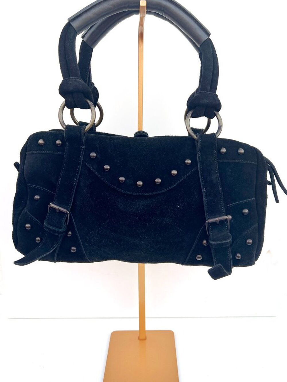 Just Cavalli Y2K Black Suede Floral Embroidered Boho Satchel Bag Studded JC - Picture 2 of 12
